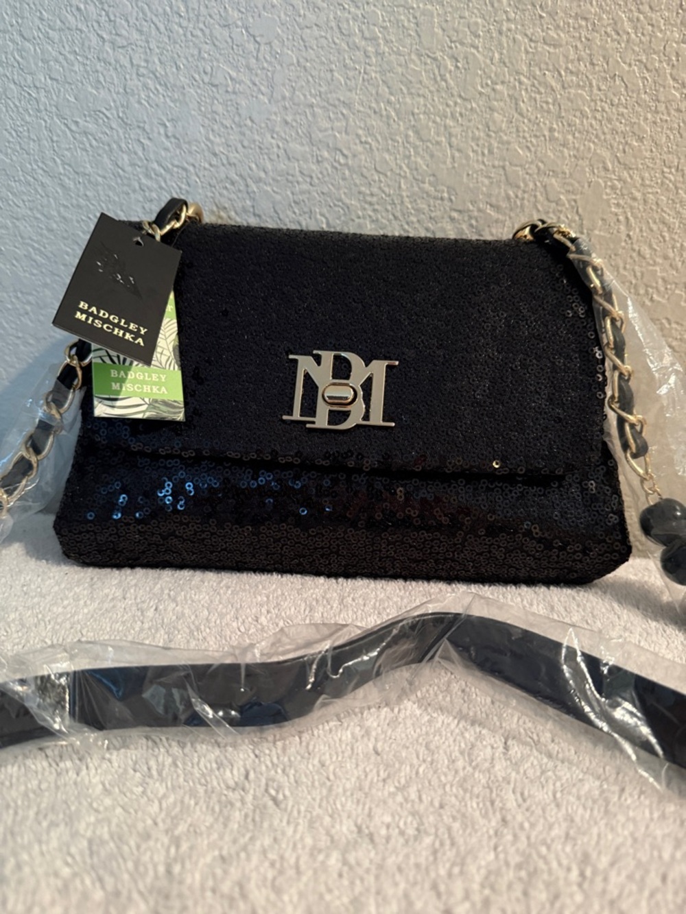 Badgley Mischka Black Sequin Evening Bag NWT Chain Strap Clutch Shoulder Purse